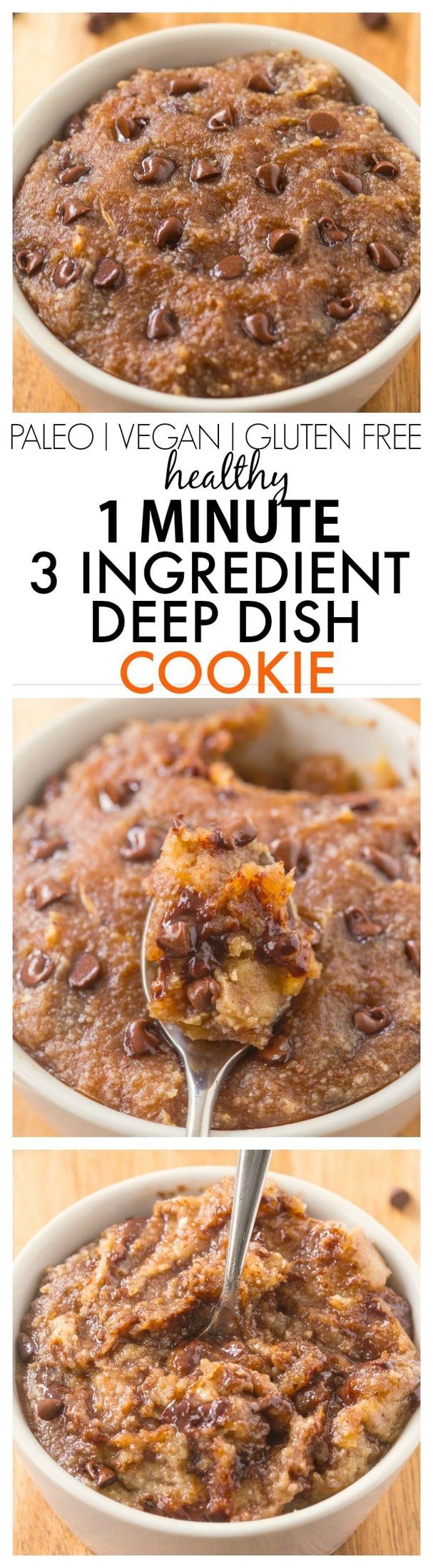 Healthy 3 Ingredient Deep Dish Cookie- SO ooey, gooey and melt in your mouth- Ready in 1 minute with NO butter, oil, grains or sugar! {vegan, gluten free, paleo recipe}- thebigmansworld.com