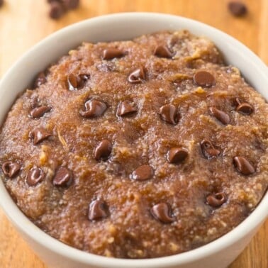 Healthy 3 Ingredient Deep Dish Cookie- SO ooey, gooey and melt in your mouth- Ready in 1 minute with NO butter, oil, grains or sugar! {vegan, gluten free, paleo recipe}- thebigmansworld.com