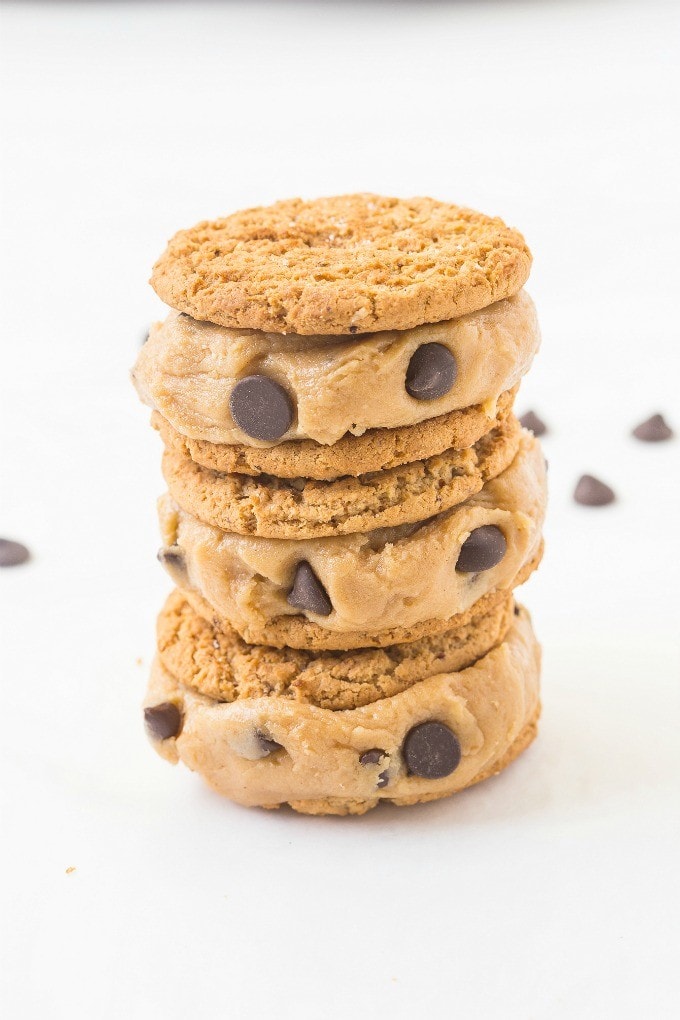 Healthy Flourless Cookie Dough Stuffed Sandwich Cookies- Easy, delicious and secretly healthy, these have NO butter, oil, flour or white sugar- Delicious! {vegan, gluten free, dairy free recipe}- thebigmansworld.com
