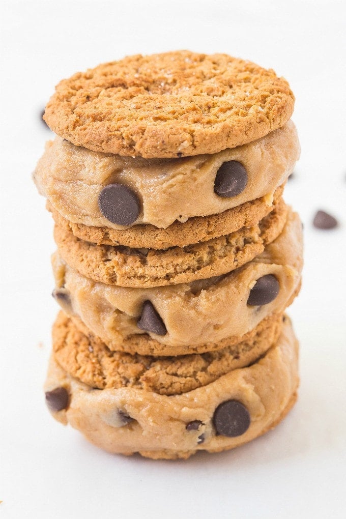 Healthy Flourless Cookie Dough Stuffed Sandwich Cookies- Easy, delicious and secretly healthy, these have NO butter, oil, flour or white sugar- Delicious! {vegan, gluten free, dairy free recipe}- thebigmansworld.com