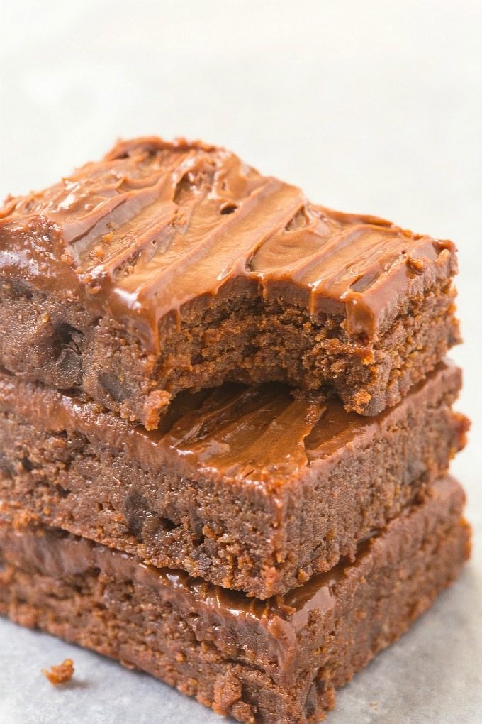 Healthy Grain Free Double Chocolate Blondies- Soft, gooey yet tender on the outside, these blondies have NO butter, grains, white sugar or oil yet you'd never tell- Easy and delicious! {vegan, gluten free, paleo recipe}- thebigmansworld.com