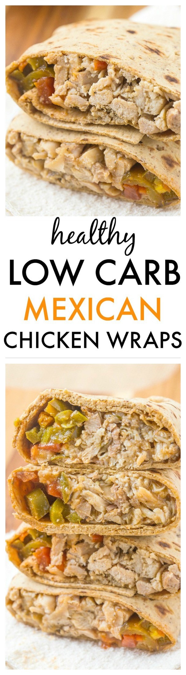 Healthy LOW CARB Mexican Chicken Wraps using a delicious flatbread which doesn't taste low carb at all- The filling is a flavor lover's dream- Sweet, spicy and filling! Freezer friendly too!