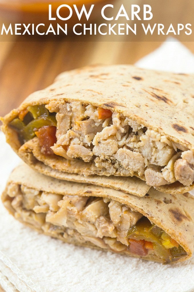 Healthy LOW CARB Mexican Chicken Wraps using a delicious flatbread which doesn't taste low carb at all- The filling is a flavor lover's dream- Sweet, spicy and filling! Freezer friendly too!