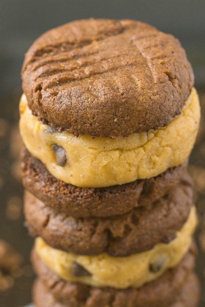 Healthy Paleo Cookie Dough Sandwich Cookies- Delicious, creamy cookie dough sandwiched between two grain free cookies- NO butter, oil, grains or white sugar at all! {vegan, gluten free, paleo recipe}- thebigmansworld.com
