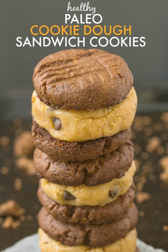 Healthy Paleo Cookie Dough Sandwich Cookies- Delicious, creamy cookie dough sandwiched between two grain free cookies- NO butter, oil, grains or white sugar at all! {vegan, gluten free, paleo recipe}- thebigmansworld.com