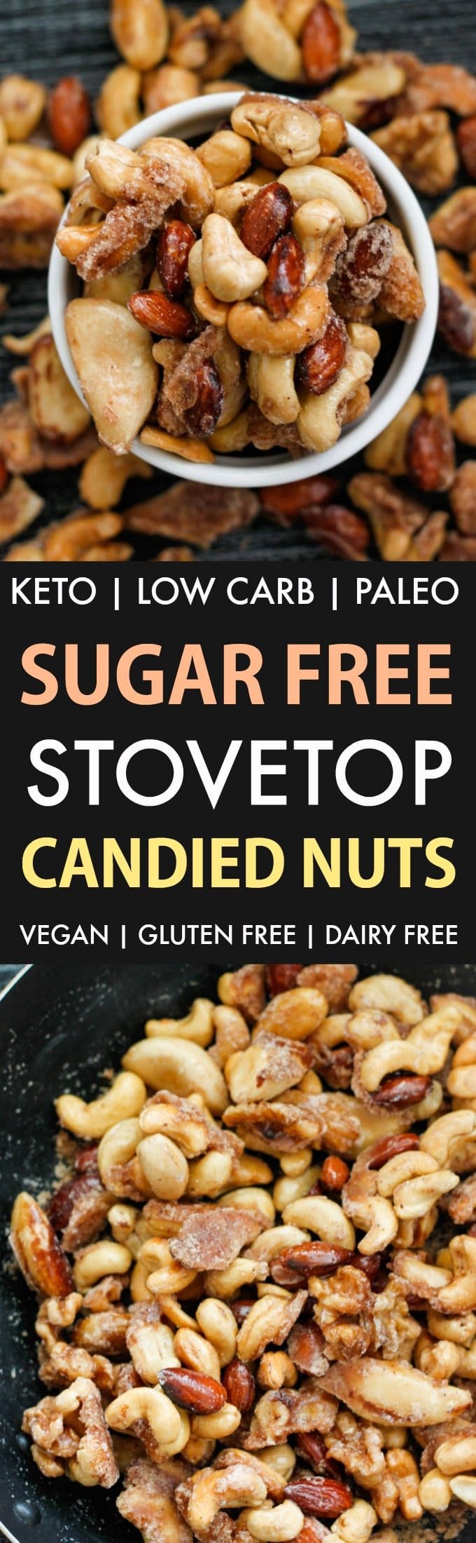 Sugar-Free Stovetop Candied Nuts (Keto, Low Carb, Paleo)- Stovetop made candied nuts made with zero sugar or oil- Perfect for holidays, gifts and every day guilt-free snacking! {vegan, gluten free, dairy free recipe}- #nuts #sugarfree #lowcarb #ketodessert | Recipe on thebigmansworld.com