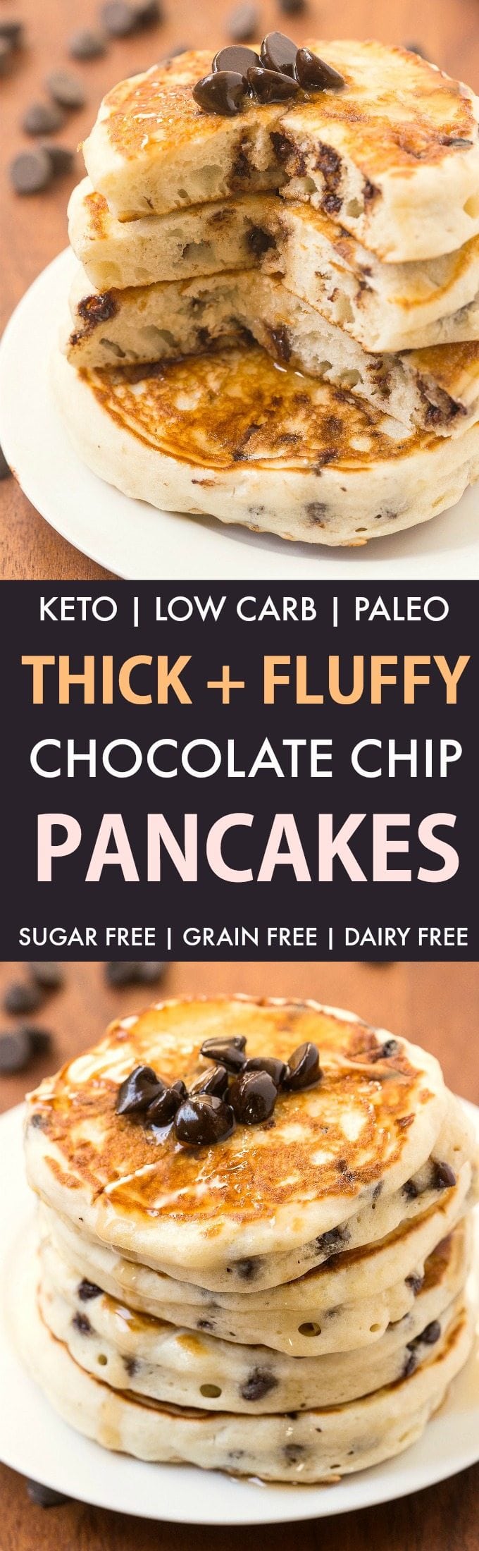 Thick Fluffy Low Carb Chocolate Chip Pancakes (Keto, Paleo, Sugar Free)- Ultra thick and fluffy pancakes suitable for a low carb and ketogenic diet, but you'd never tell! #keto #ketobreakfast #paleopancakes #lowcarbrecipe #lowcarbpancakes | Recipe on thebigmansworld.com