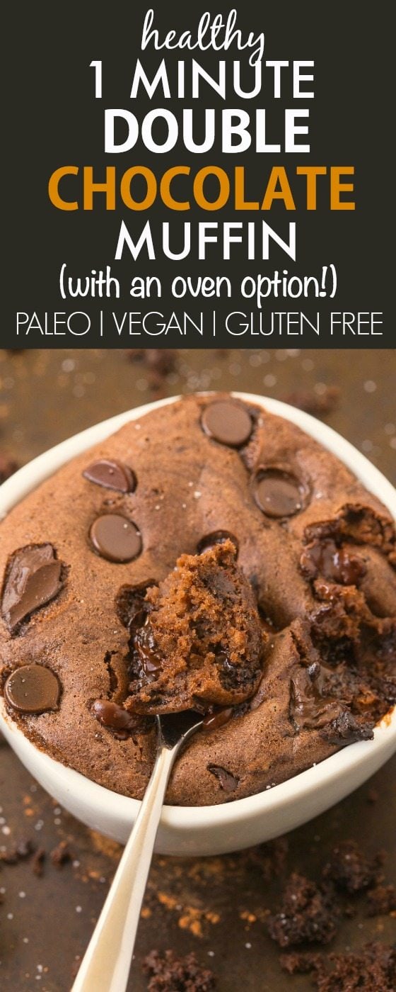 Healthy 1 Minute Double Chocolate Muffin made with NO butter, NO oil, NO flour and NO sugar but you'd never tell! Oven option too! vegan, gluten free, grain free, paleo recipe- thebigmansworld.com