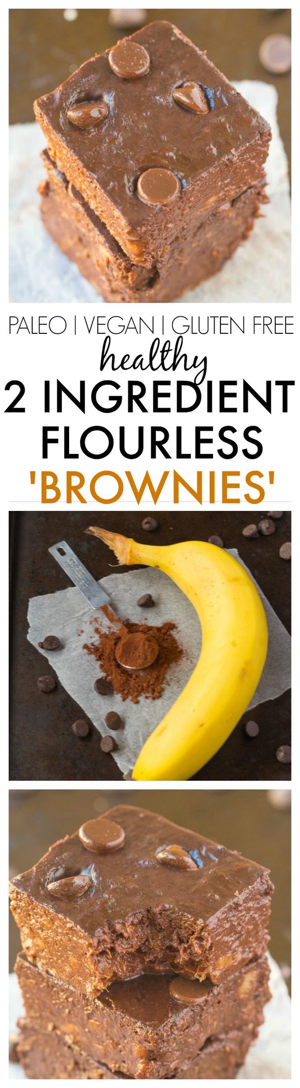 Healthy 2 Ingredient Flourless Brownies made with NO BOXED mix- Just Bananas and cocoa powder! SO EASY and the cure for any sweet tooth! {vegan, gluten free, paleo recipe}- thebigmansworld.com
