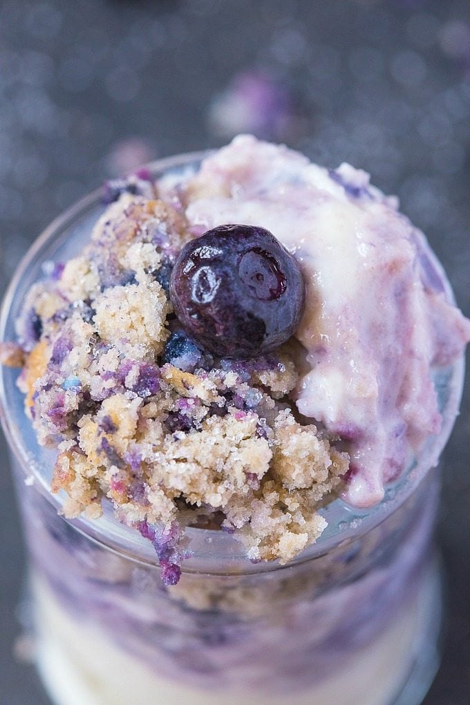 Healthy 5 Minute Grain Free Blueberry Muffin Parfait- A delicious 1 minute muffin layered between a dairy free yogurt and SO easy and healthy! {vegan, gluten free, paleo recipe}- thebigmansworld.com