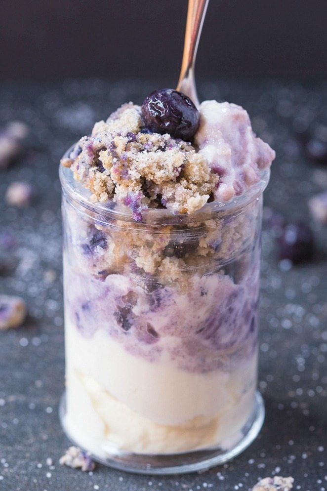Healthy 5 Minute Grain Free Blueberry Muffin Parfait- A delicious 1 minute muffin layered between a dairy free yogurt and SO easy and healthy! {vegan, gluten free, paleo recipe}- thebigmansworld.com
