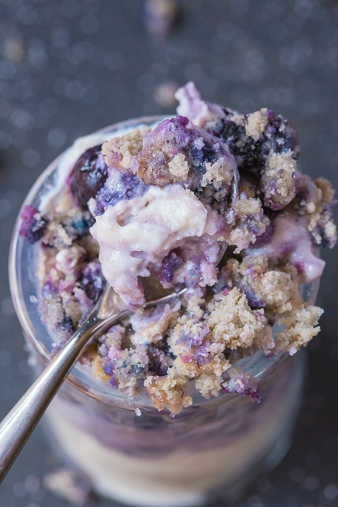 Healthy 5 Minute Grain Free Blueberry Muffin Parfait- A delicious 1 minute muffin layered between a dairy free yogurt and SO easy and healthy! {vegan, gluten free, paleo recipe}- thebigmansworld.com