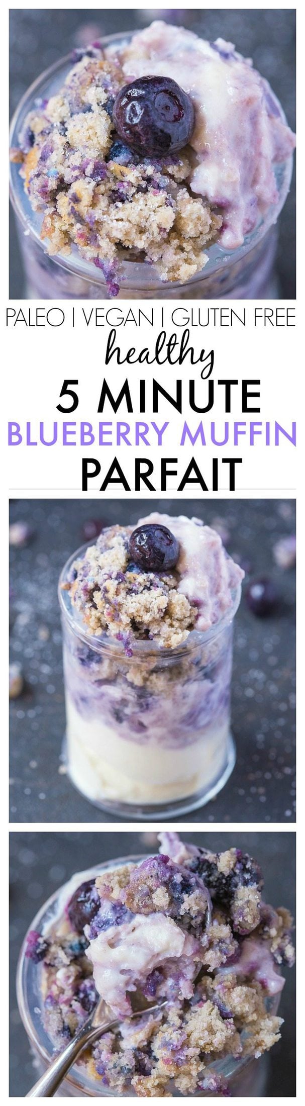 Healthy 5 Minute Grain Free Blueberry Muffin Parfait- A delicious 1 minute muffin layered between a dairy free yogurt and SO easy and healthy! {vegan, gluten free, paleo recipe}- thebigmansworld.com