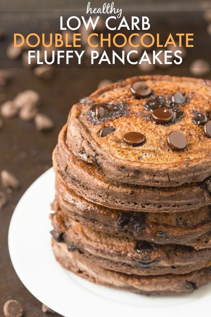 Healthy Thick and Fluffy Low Carb DOUBLE chocolate Pancakes which are SO easy, delicious and low in calories, but you wouldn't be able to tell- The BEST chocolate low carb pancakes out there! {vegan, gluten free, paleo recipe}- thebigmansworld.com