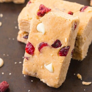 Healthy No Bake White Chocolate Raspberry Protein Bars- Easy, delicious and so much healthier than store bought- These taste like dessert bars! {vegan, gluten free, paleo recipe}- thebigmansworld.com