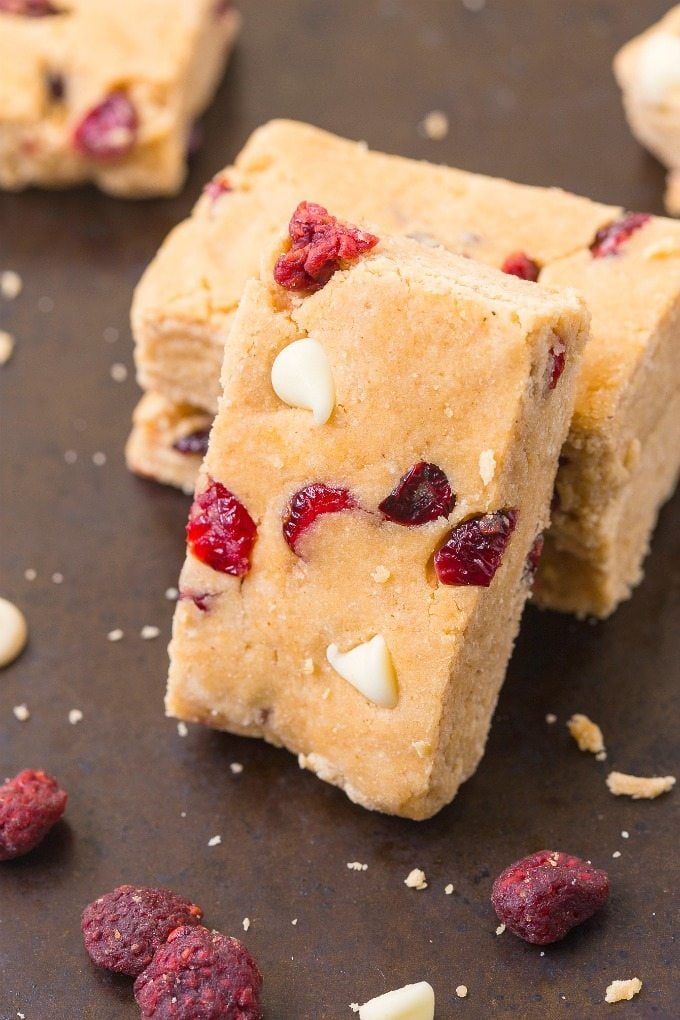 Healthy No Bake White Chocolate Raspberry Protein Bars- Easy, delicious and so much healthier than store bought- These taste like dessert bars! {vegan, gluten free, paleo recipe}- thebigmansworld.com