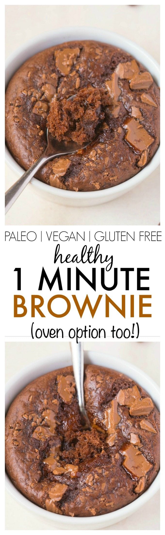 The ultimate healthy 1 Minute Brownie which is moist, gooey and LOADED with chocolate goodness but with NO butter, NO oil, NO grains and NO sugar- Oven directions too! {vegan, gluten free, paleo recipe}- thebigmansworld.com