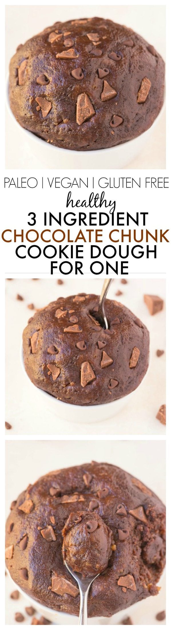 Healthy 3 Ingredient Chocolate Chunk Protein Cookie dough which is LOW carb, yet LOADED with chocolate chunks and chips! No baking required! {vegan, gluten free, paleo recipe}- thebigmansworld.com
