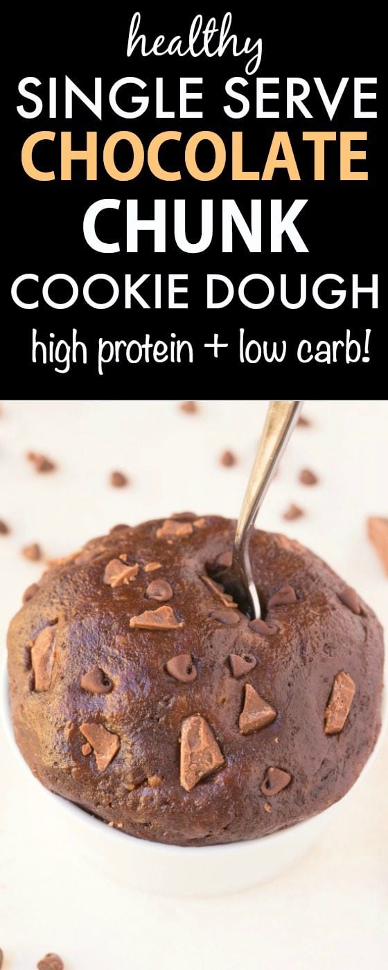 Healthy 3 Ingredient Chocolate Chunk Protein Cookie dough which is LOW carb, and LOADED with chocolate chunks and chips! No baking required! {vegan, gluten free, paleo recipe}- thebigmansworld.com