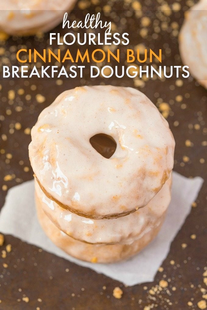 Healthy Flourless Cinnamon Bun Breakfast Doughnuts- Fluffy and satisfying doughnuts made with NO butter, NO oil, NO flour and NO sugar yet tastes amazing- The Glaze is protein packed too! {vegan, gluten free, paleo recipe}- thebigmansworld.com
