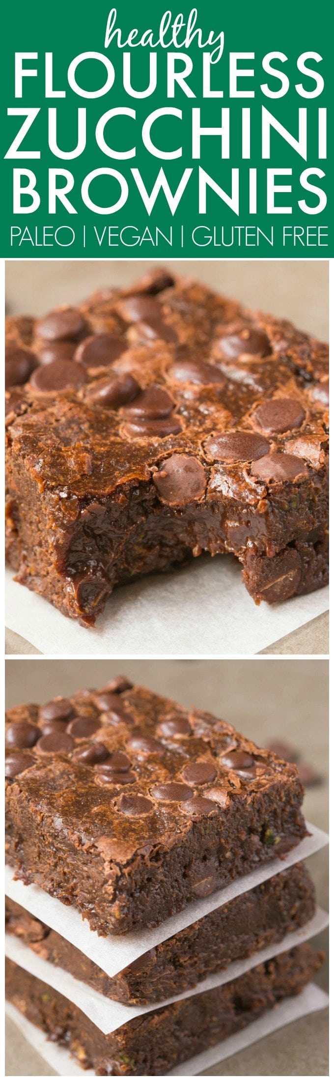 Healthy FLOURLESS Zucchini Fudge Brownies made with NO butter and NO flour and ridiculously easy- Hands down, BEST brownies ever! {vegan, gluten free, paleo recipe}- thebigmansworld.com