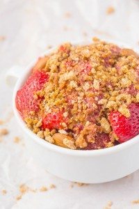 Healthy Fresh Strawberry Breakfast Crumble which can totally pass as dessert too- NO butter, oil, grains, white flour or sugar yet 100% delicious- SO EASY! {vegan, gluten free, paleo recipe}- thebigmansworld.com