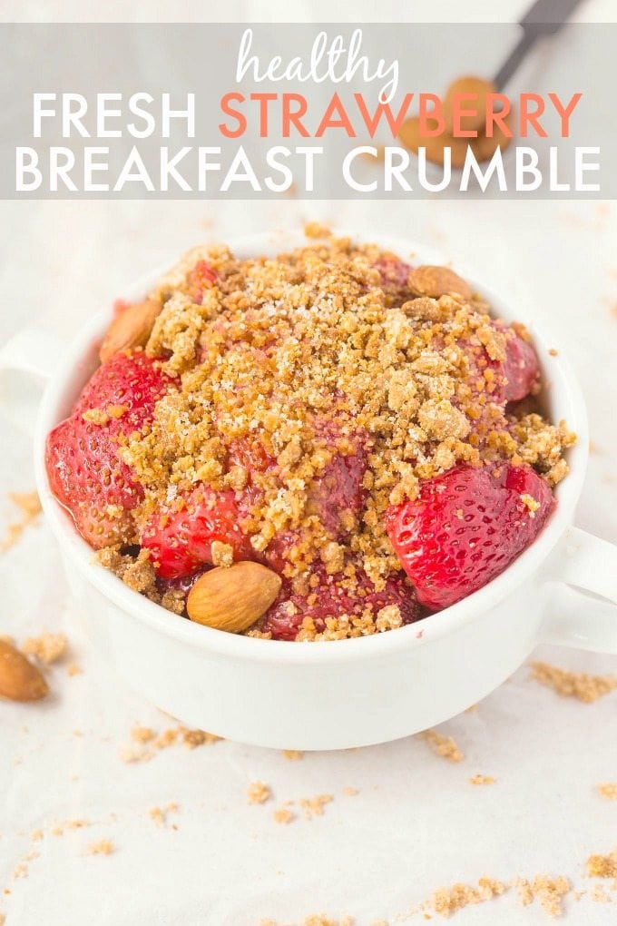 Healthy Fresh Strawberry Breakfast Crumble which can totally pass as dessert too- NO butter, oil, grains, white flour or sugar yet 100% delicious- SO EASY! {vegan, gluten free, paleo recipe}- thebigmansworld.com