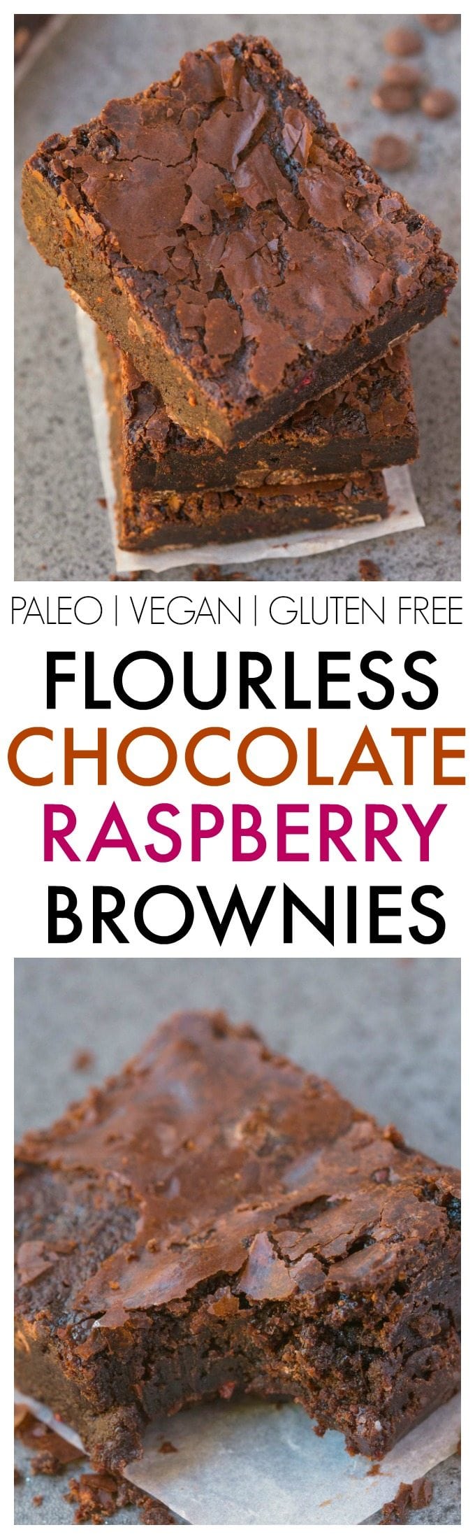 Healthier Flourless Chocolate Raspberry Brownies made with NO flour and NO butter and BETTER than boxed mixes- Fudgy, moist, gooey and with those gorgeous crinkled tops! {vegan, gluten free, paleo recipe}- thebigmansworld.com 