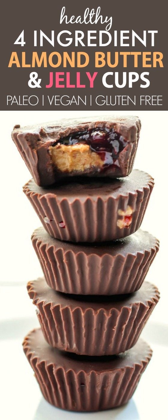 Healthy No Bake 4 Ingredient Almond Butter and Jelly Cups- Customisable, easy and secretly healthy dessert or snack cups- NO nasties and cheaper than store bought! {vegan, gluten free, paleo recipe}- thebigmansworld.com