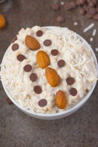 Healthy High Protein Almond Joy Overnight Oats- Easy, satisfying and tasting like dessert for breakfast, this healthy candy bar version has NO sugar or dairy! {vegan, gluten free, sugar free recipe}- thebigmansworld.com