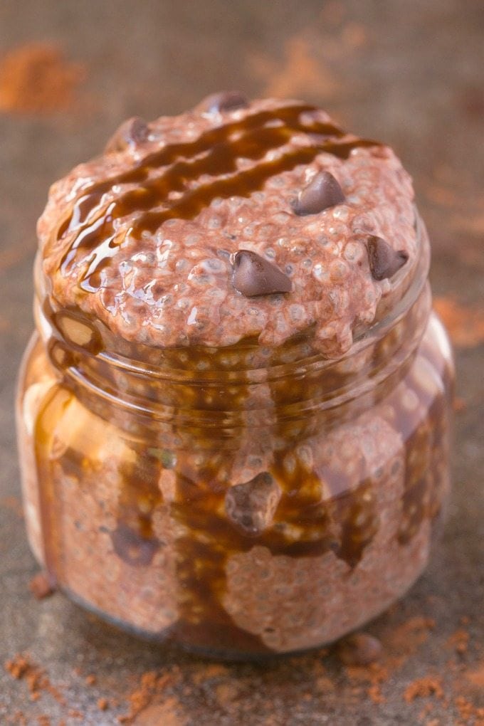 Healthy Brownie Batter Chia Seed Pudding- Thick, creamy, and just like dessert, this quick and easy recipe is high protein and sugar free! {vegan, gluten free, paleo recipe}- thebigmansworld.com