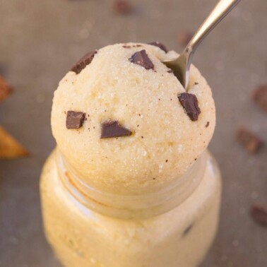 Healthy Edible EGG FREE Cookie Dough for ONE- This smooth, creamy, single serve dessert or snack has NO butter, sugar, grains or beans but tastes amazing- So easy too! {vegan, gluten free, paleo recipe}- thebigmansworld.com