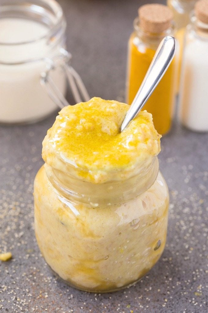 Healthy High Protein Golden Milk Overnight Oats - Packed with superfoods and nutrients boasting better digestion and antioxidants, this satisfying breakfast bowl is delicious AND sugar free! {vegan, gluten free, dairy free recipe}- thebigmansworld.com