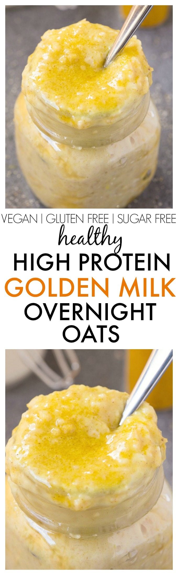 Healthy High Protein Golden Milk Overnight Oats - Packed with superfoods and nutrients boasting better digestion and antioxidants, this satisfying breakfast bowl is delicious AND sugar free! {vegan, gluten free, dairy free recipe}- thebigmansworld.com