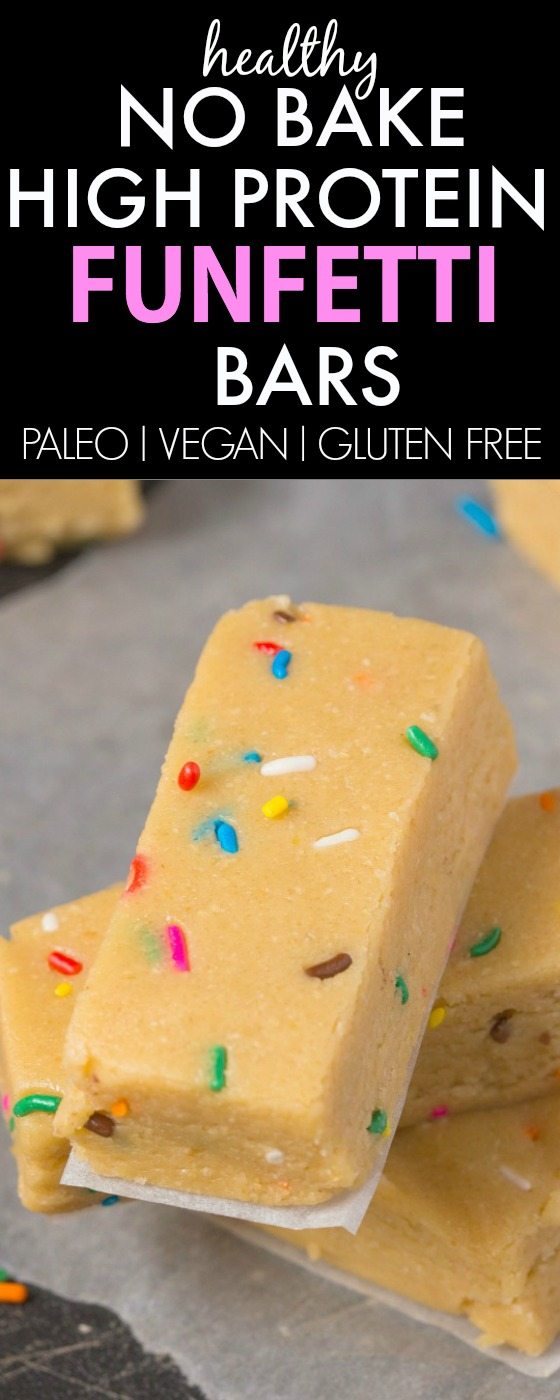 Healthy No Bake High Protein Funfetti Cake Batter Bars which are quick, easy and so much cheaper than store bought and GOOD FOR YOU! {vegan, gluten free, paleo recipe}- thebigmansworld.com