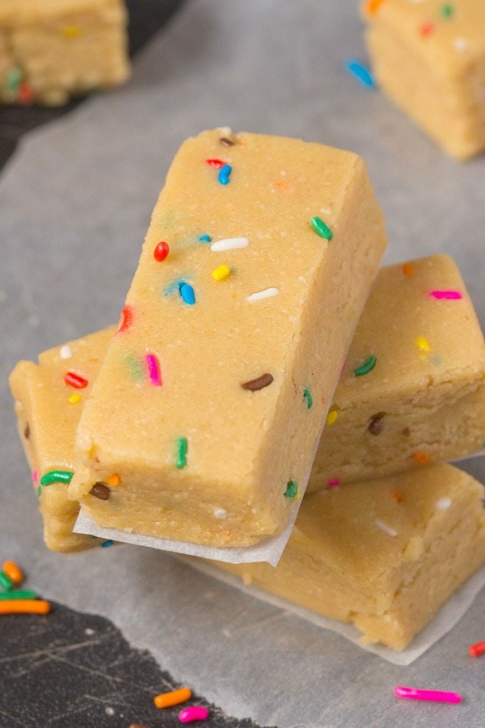 Healthy No Bake High Protein Funfetti Cake Batter Bars which are quick, easy and so much cheaper than store bought and GOOD FOR YOU! {vegan, gluten free, paleo recipe}- thebigmansworld.com