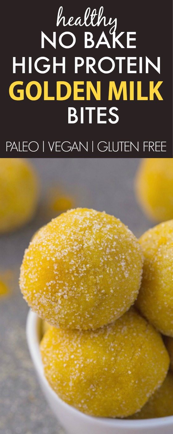 Healthy No Bake High Protein Golden Milk Bites- LOADED with Superfoods, turmeric, nutrients and detox properties, these quick and easy snack bites are the perfect wholesome snack to enjoy anytime! {vegan, gluten free, paleo recipe}- thebigmansworld.com