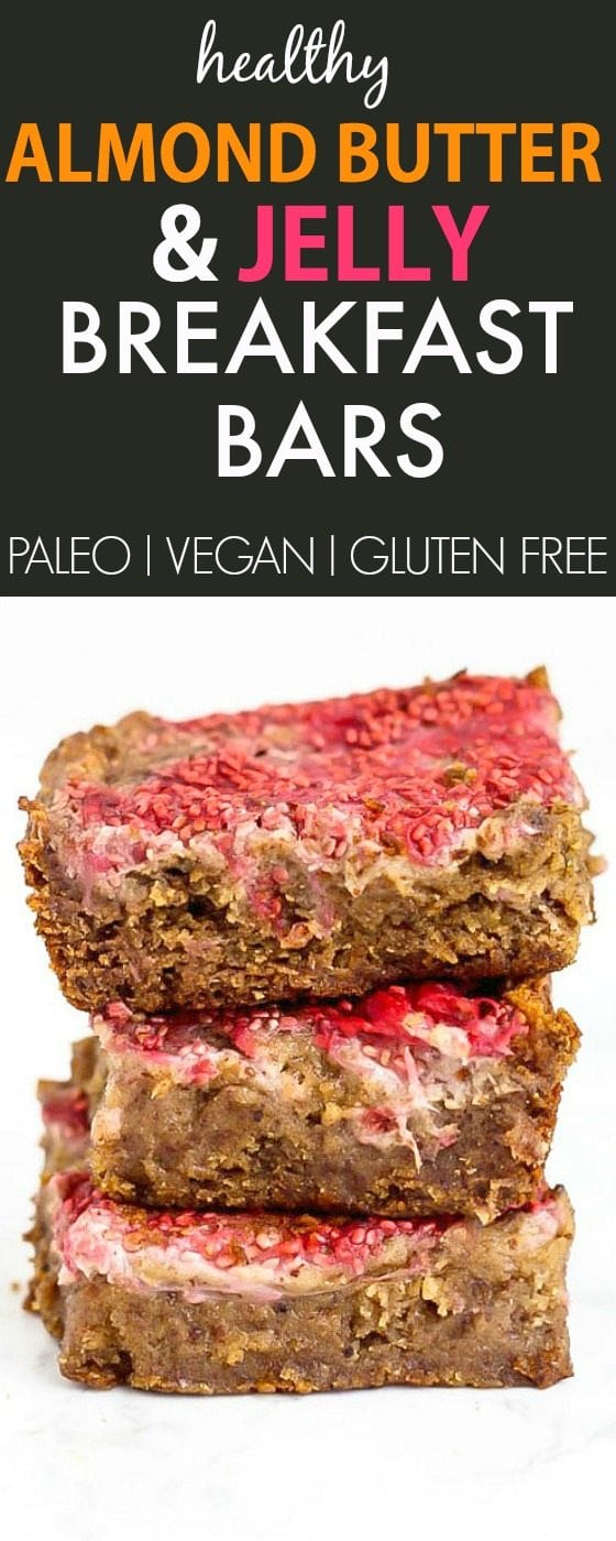 Healthy Almond Butter and Jelly BREAKFAST Bars- Fudgy and delicious baked bars made with NO butter, oil, grains or sugar, but you'd never tell! {vegan, gluten free, paleo recipe}- thebigmansworld.com