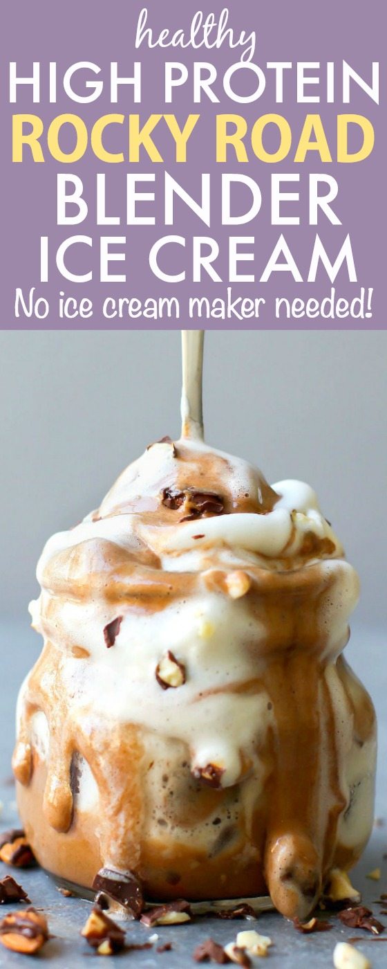 Healthy Rocky Road BLENDER Ice Cream- Smooth, thick and creamy and LOADED with protein, this simple, easy blender made ice cream (nice cream) has NO dairy, cream, sugar or nasties- An Aquafaba option too! {vegan, gluten free, paleo recipe}- thebigmansworld.com