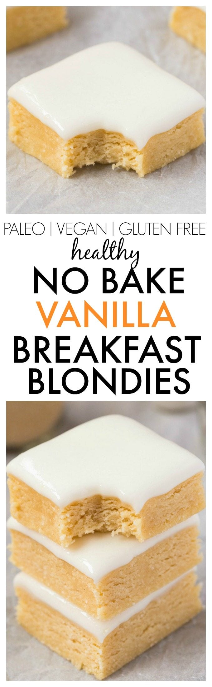 Healthy No Bake Vanilla BREAKFAST Blondies- Thick, slightly chewy and soft blondies designed for breakfast! NO butter, oil, flour or sugar, and perfect for dessert or a snack! {vegan, gluten free, paleo recipe}- thebigmansworld.com