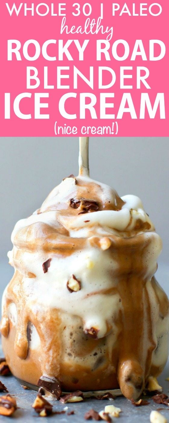 Clean Eating Blender Rocky Road Ice Cream (Whole 30, Paleo, V, GF)- Whole30 friendly fruit based nice cream made in a blender- NO cream or butter and completely dairy free and sugar free! {vegan, gluten free, paleo recipe}- thebigmansworld.com