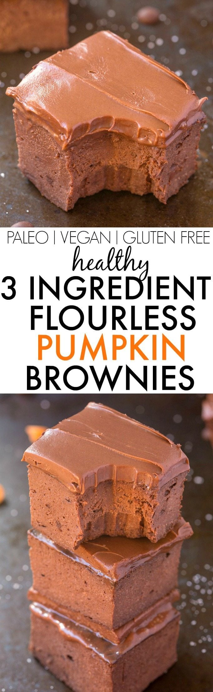 Healthy 3 Ingredient FLOURLESS Pumpkin Brownies- SO easy, simple and fudgy- NO butter, NO flour, NO sugar and NO oil needed at all! {vegan, gluten free, paleo recipe}- thebigmansworld.com
