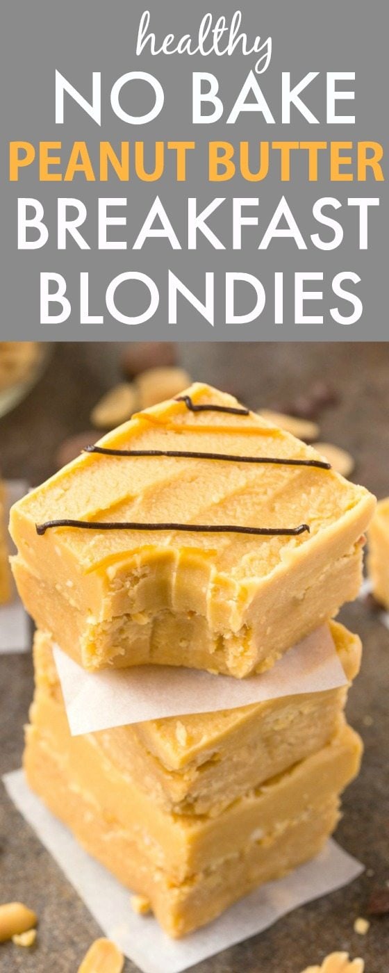 Healthy NO BAKE Peanut Butter BREAKFAST Blondies- Thick, chewy and like having dessert for breakfast but healthy- NO nasties and packed with protein- Nut free and peanut free option too! {vegan, gluten free, paleo recipe}- thebigmansworld.com