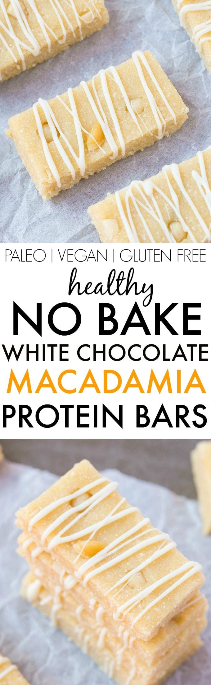 Healthy No Bake White Chocolate Macadamia Nut Protein Bars- Quick, easy and simple no cook recipe which tastes like dessert (and better than store bought!)- Portable, fudgy and ready in under 10 minutes! {vegan, gluten free, paleo recipe}- thebigmansworld.com