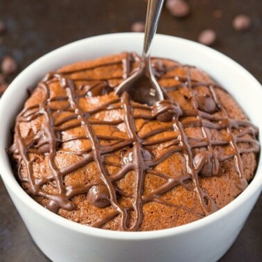 Healthy 1 Minute LOW CARB Pumpkin Chocolate Mug Cake- Light, fluffy and moist in the inside! Single serving, packed full of protein and NO sugar whatsoever- The guilt-free snack or dessert! {vegan, gluten free, paleo recipe}- thebigmansworld.com