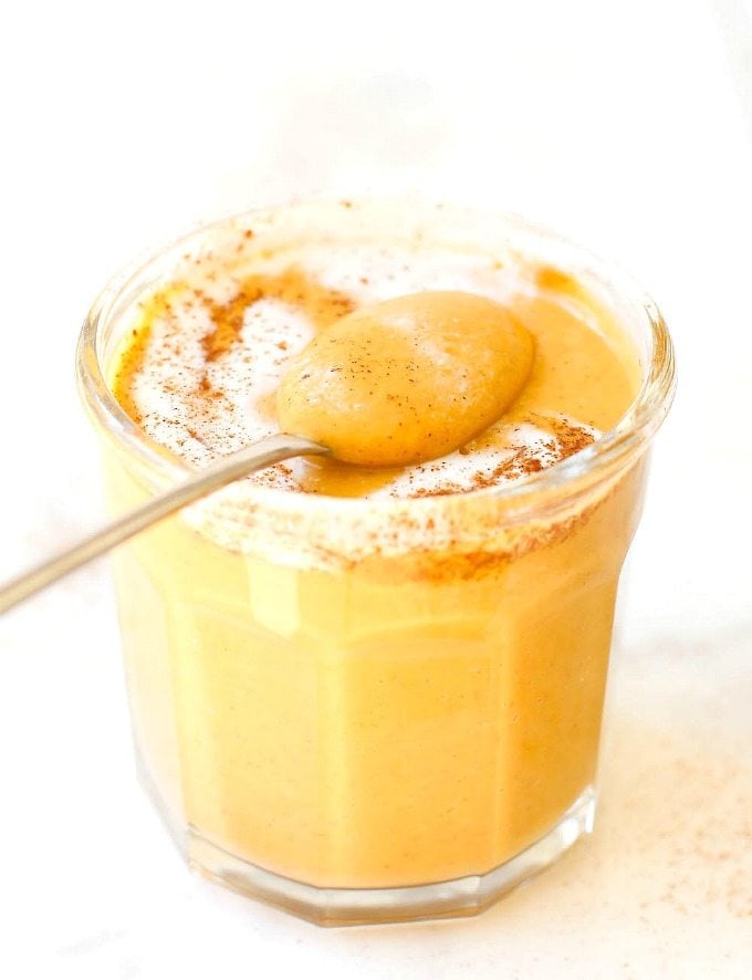 Healthy WARM Sticky Cinnamon Roll Smoothie- For Breakfast or a snack, this THICK and CREAMY recipe is PACKED with protein and tastes just like a cinnamon roll- Quick, easy and can be enjoyed hot or cold! {vegan, gluten free, sugar free, paleo recipe}- thebigmansworld.com