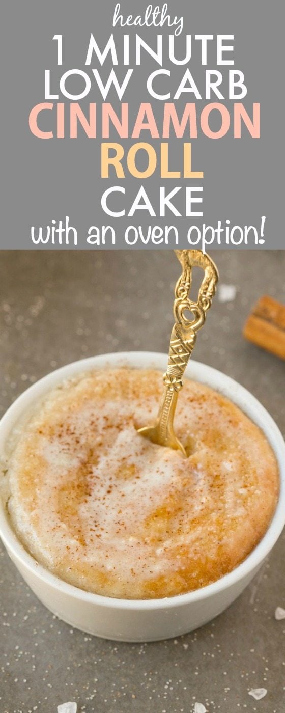 Healthy 1 Minute LOW CARB Cinnamon Roll Mug Cake- Light, fluffy and moist in the inside! Single servinf and packed full of protein and NO sugar whatsoever-Even the creamy glaze! {vegan, gluten free, paleo recipe}- thebigmansworld.com