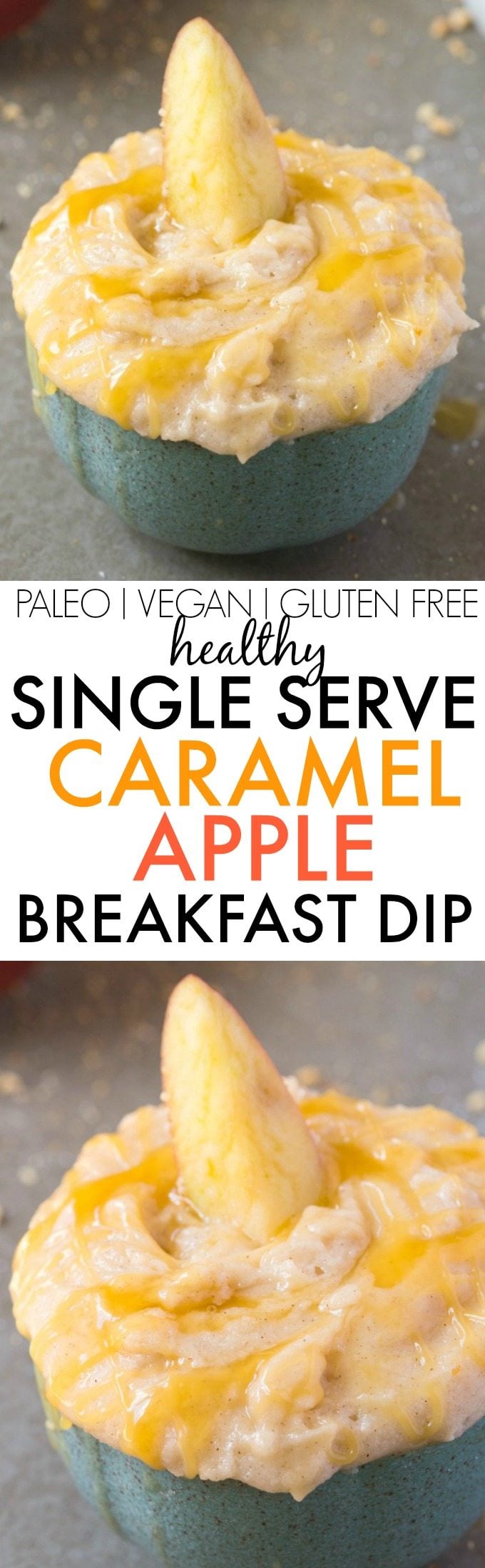 Healthy Single Serve Caramel Apple BREAKFAST Dip- Thick, creamy and secretly healthy, it's packed with protein and perfectly portioned- You just need a spoon! A quick and easy breakfast, snack or clean eating dessert flavored with caramel and apple pie spice! {vegan, gluten free, paleo, sugar free recipe}- thebigmansworld.com