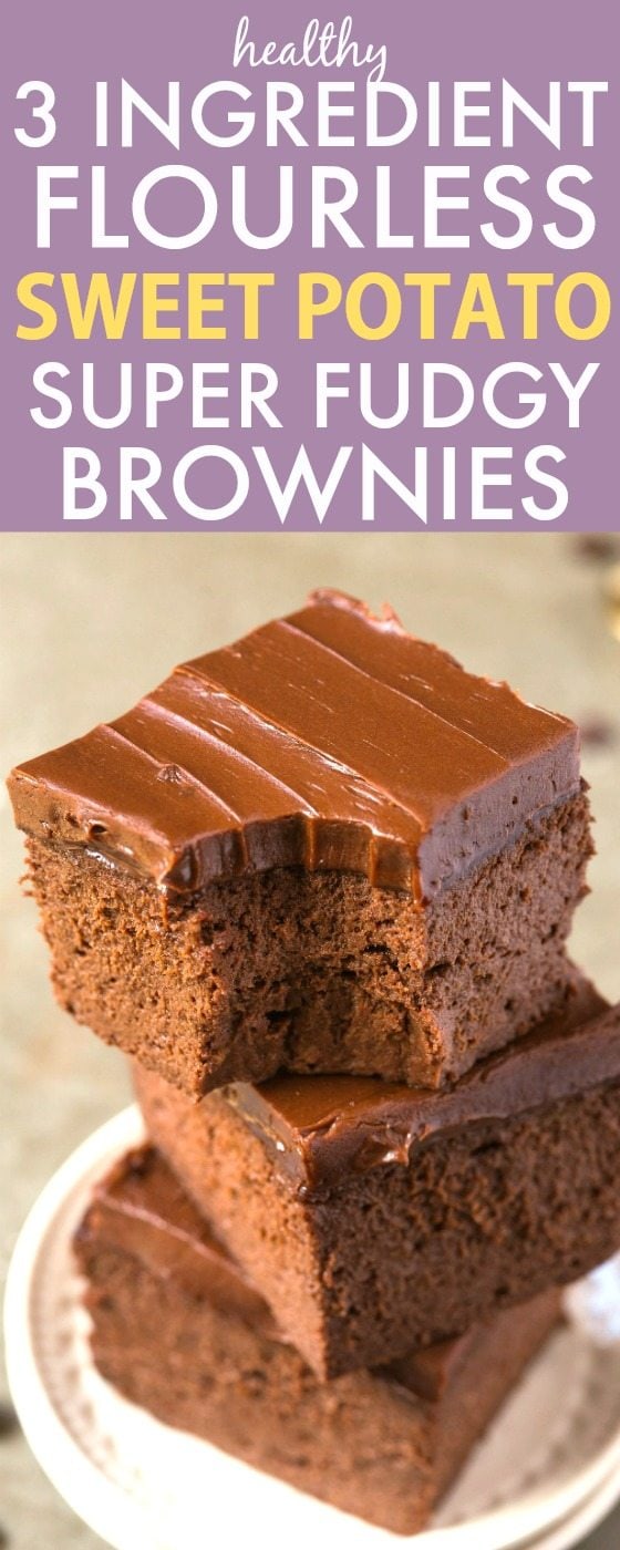Healthy 3 Ingredient FLOURLESS Sweet Potato Brownies- SO easy, simple and fudgy- NO butter, NO flour, NO sugar and NO oil needed at all! {vegan, gluten free, paleo recipe}- thebigmansworld.com