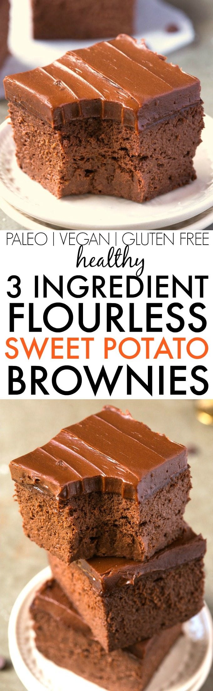 Healthy 3 Ingredient FLOURLESS Sweet Potato Brownies- SO easy, simple and fudgy- NO butter, NO flour, NO sugar and NO oil needed at all! {vegan, gluten free, paleo recipe}- thebigmansworld.com